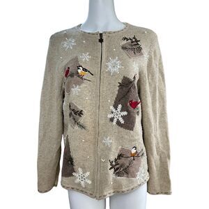 Croft & Barrow Cardigan Sweater Birds Snowflakes Winter Silk Blend Sz M